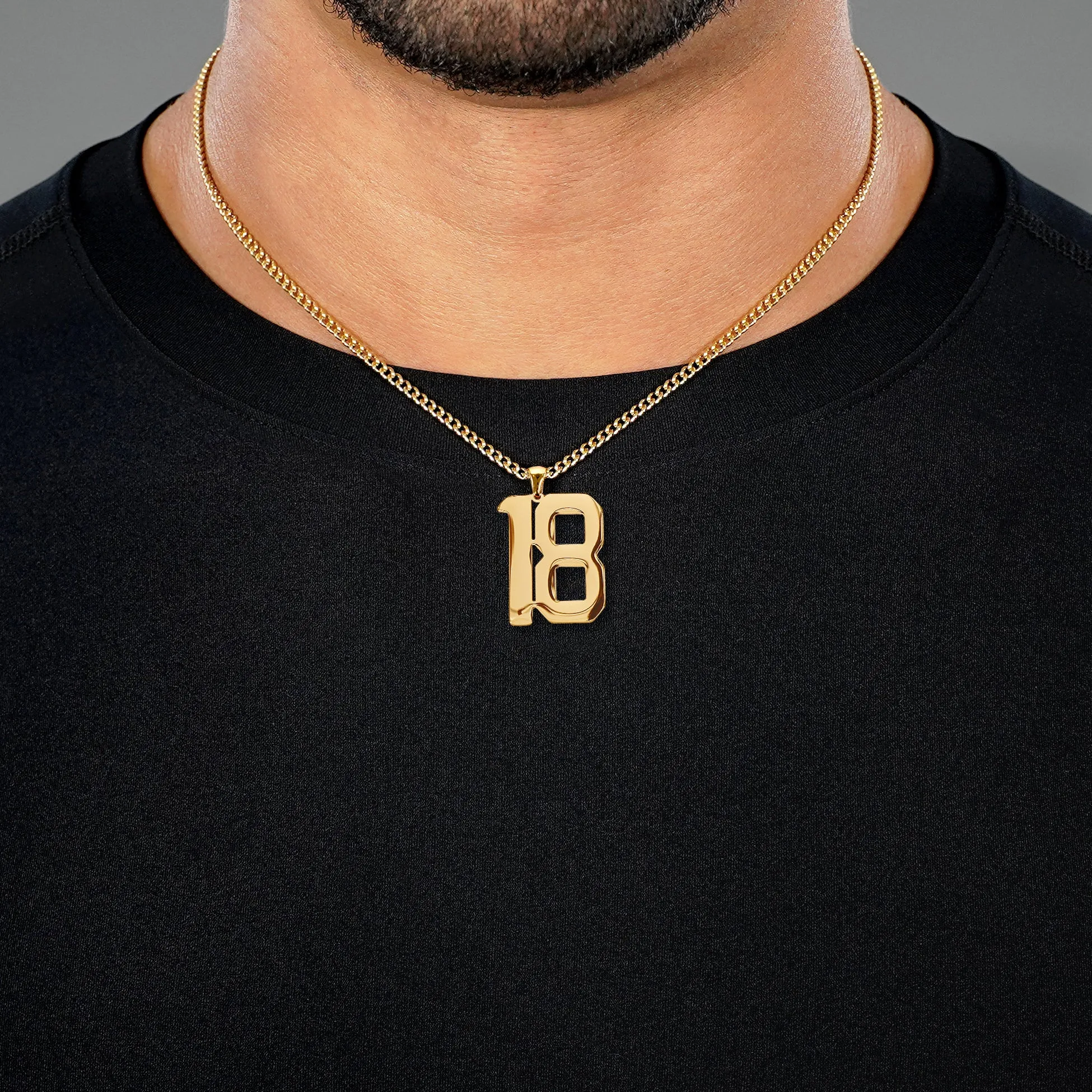 18 Number Pendant with Chain Necklace - Gold Plated Stainless Steel