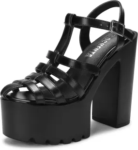 Aeslech Women's Strappy Platform Block High Heeled Sandals Lug Sole Chunky Heels