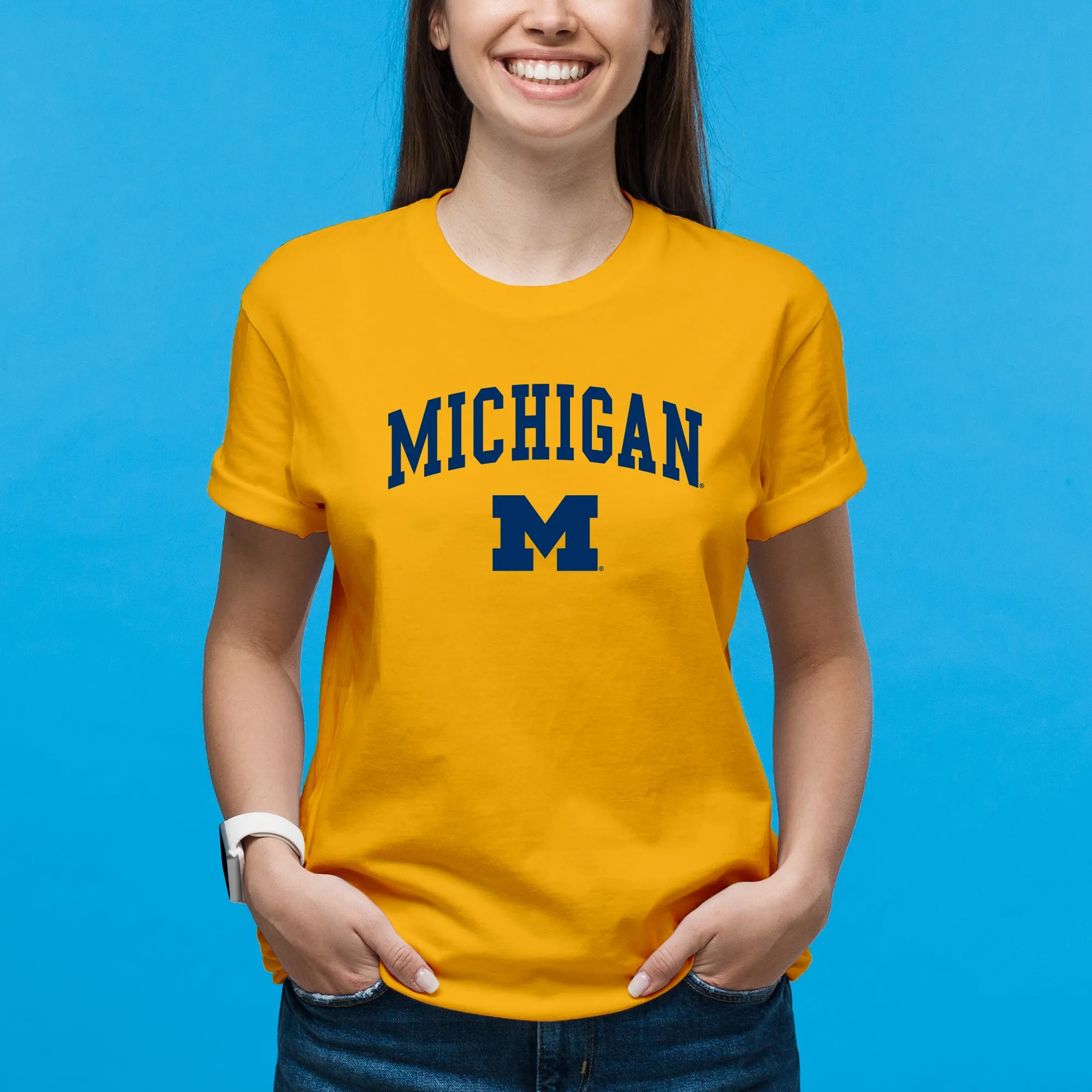 Arch Logo University of Michigan Basic Cotton Short Sleeve T Shirt - Gold