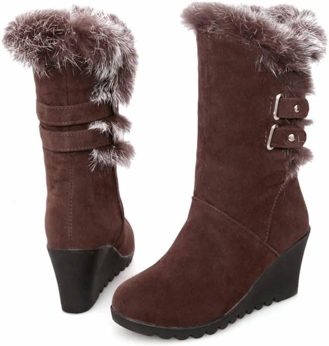 Boots For Women Comfortable Velvet Wedge Boots Round Toe Suede Lug Sole Thigh High Boots Mid-Calf Boots