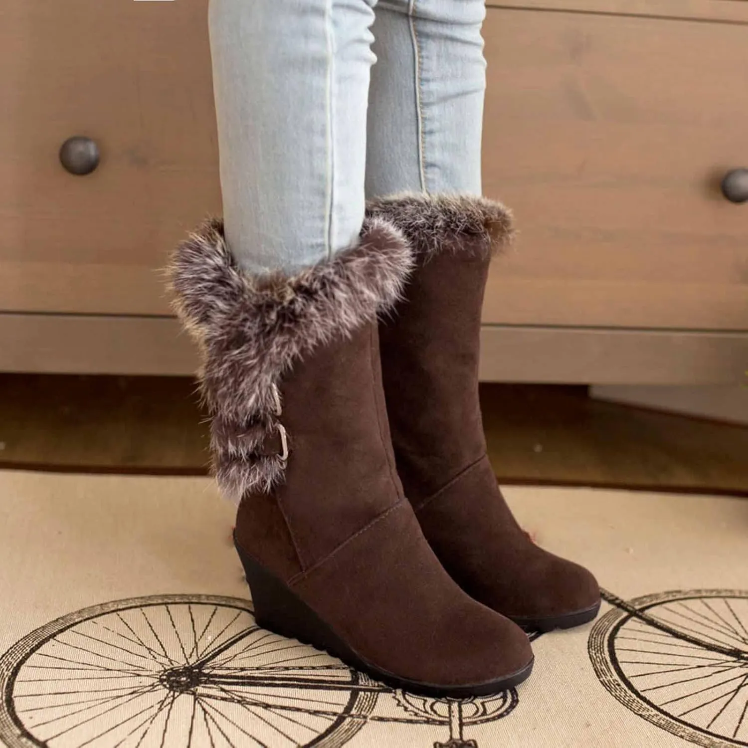 Boots For Women Comfortable Velvet Wedge Boots Round Toe Suede Lug Sole Thigh High Boots Mid-Calf Boots
