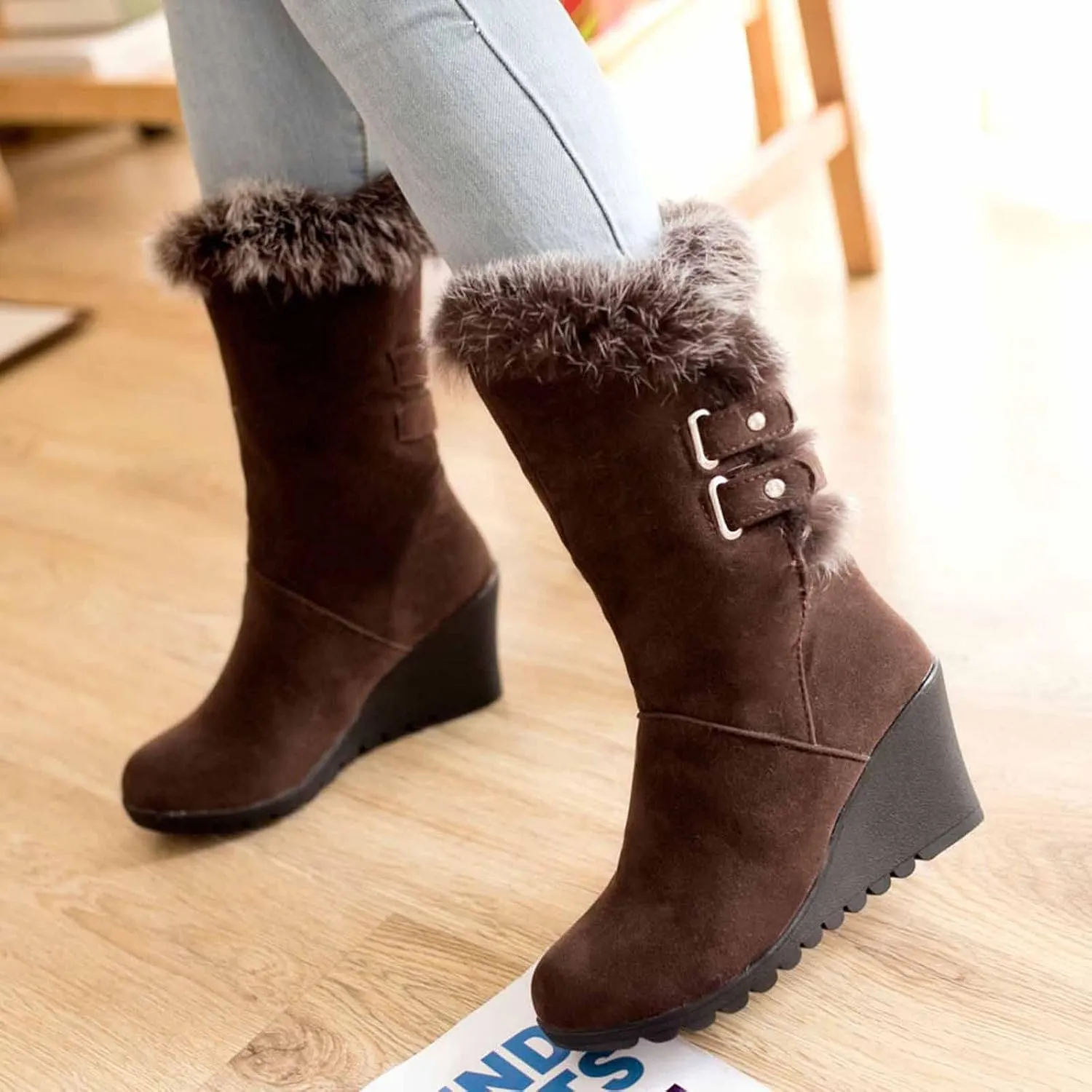 Boots For Women Comfortable Velvet Wedge Boots Round Toe Suede Lug Sole Thigh High Boots Mid-Calf Boots
