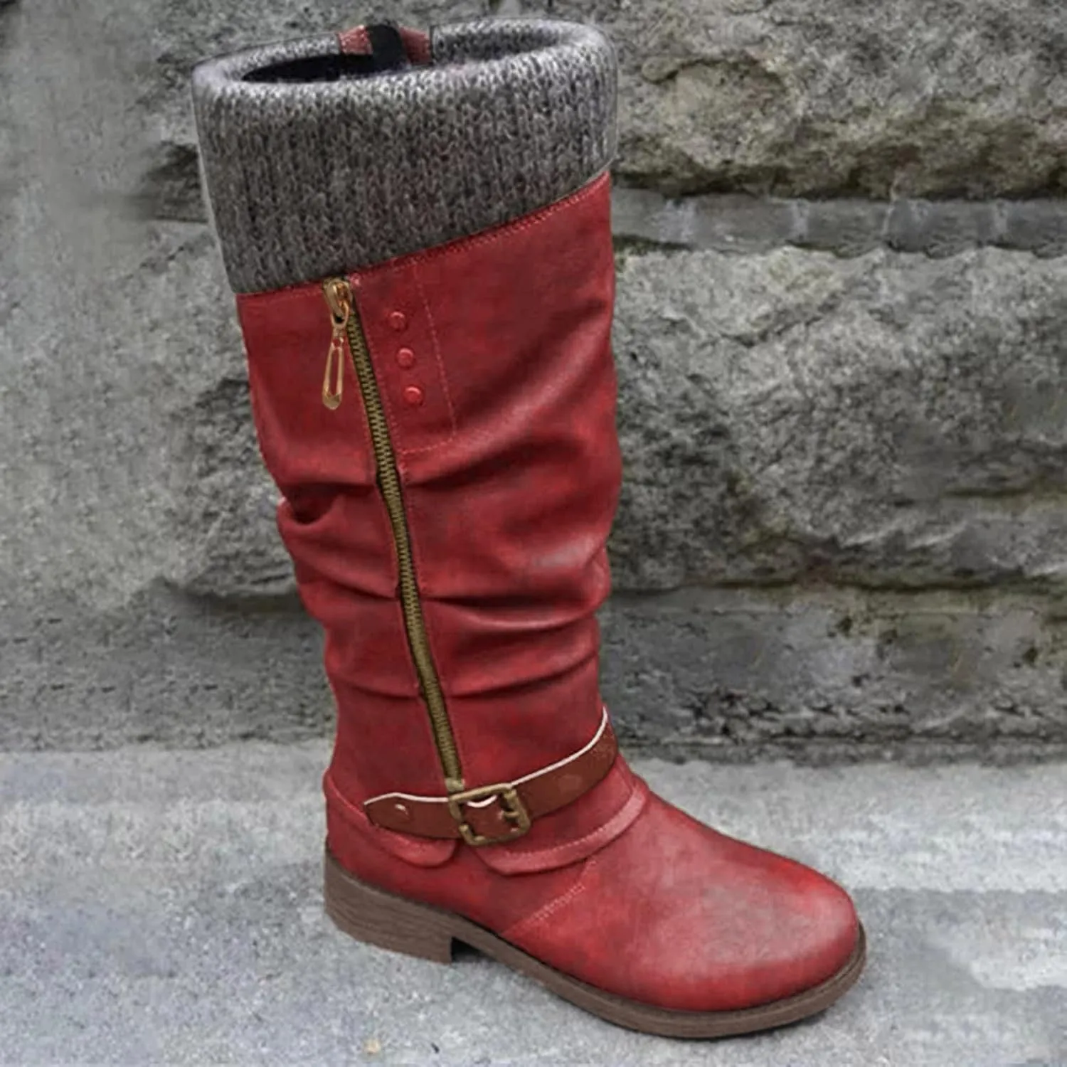 Combat Boots Womens Suede Zipper Thigh High Boots Low Heels Knee High Boots Over Knee Tall Long Bootie