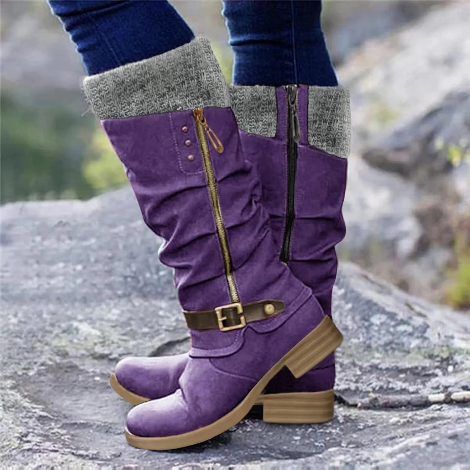 Combat Boots Womens Suede Zipper Thigh High Boots Low Heels Knee High Boots Over Knee Tall Long Bootie
