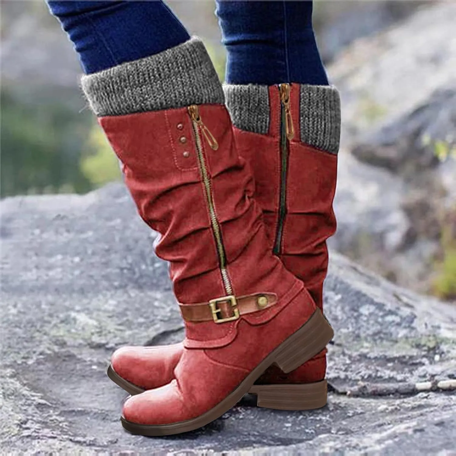 Combat Boots Womens Suede Zipper Thigh High Boots Low Heels Knee High Boots Over Knee Tall Long Bootie