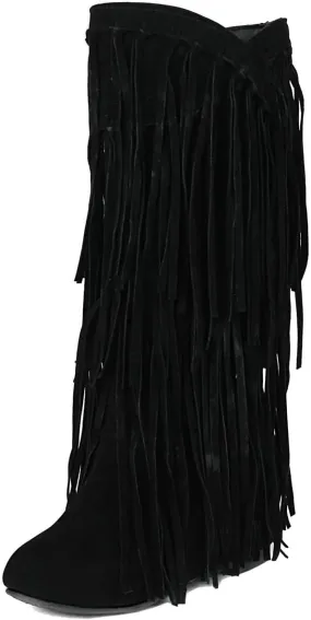 DINTAHA Fringe Suede Boots Flat Knee High Boots With Tassel Long Tall Pull On Boots