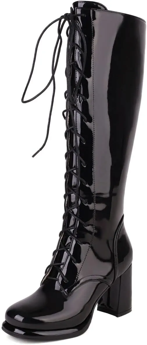 Elbslutt Women's Lace Up Knee High Boots Wide Calf Patent Leather Chunky Heeled Combat Long Boots