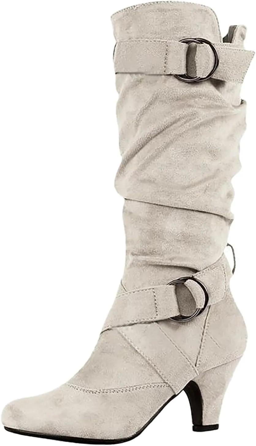 Hiking Boots Women Suede Cross Belt Thigh High Boots Low Heeled Pull On Knee High Boots Mid Calf Bootie