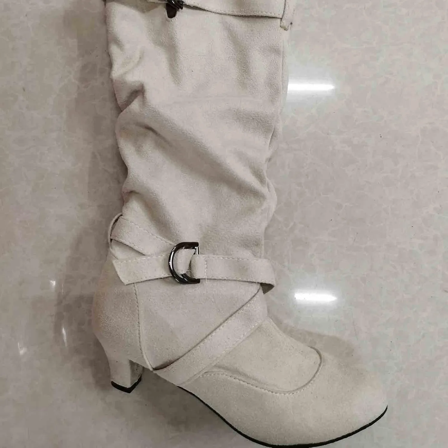 Hiking Boots Women Suede Cross Belt Thigh High Boots Low Heeled Pull On Knee High Boots Mid Calf Bootie