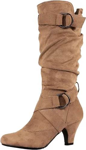 Hiking Boots Women Suede Cross Belt Thigh High Boots Low Heeled Pull On Knee High Boots Mid Calf Bootie