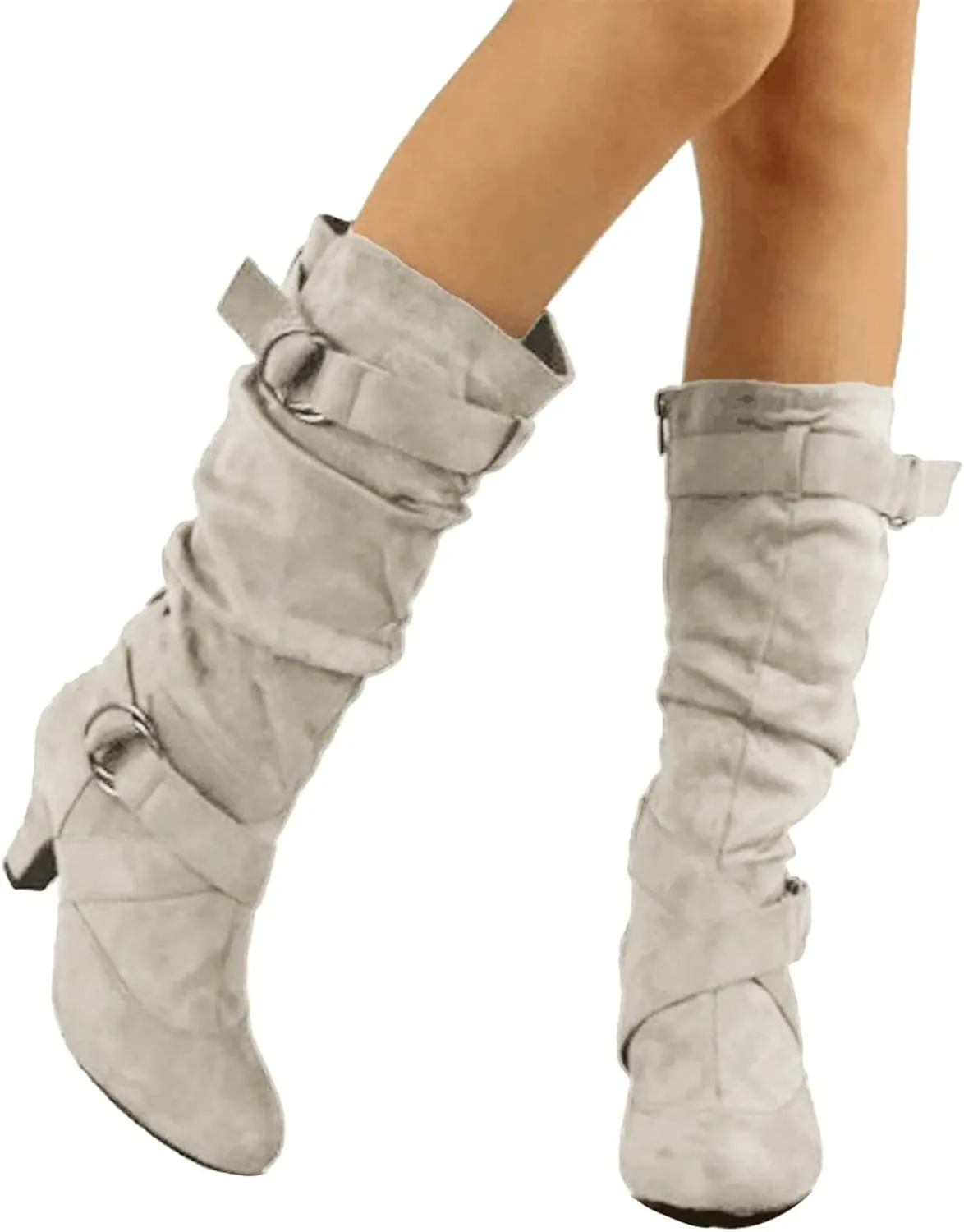 Hiking Boots Women Suede Cross Belt Thigh High Boots Low Heeled Pull On Knee High Boots Mid Calf Bootie