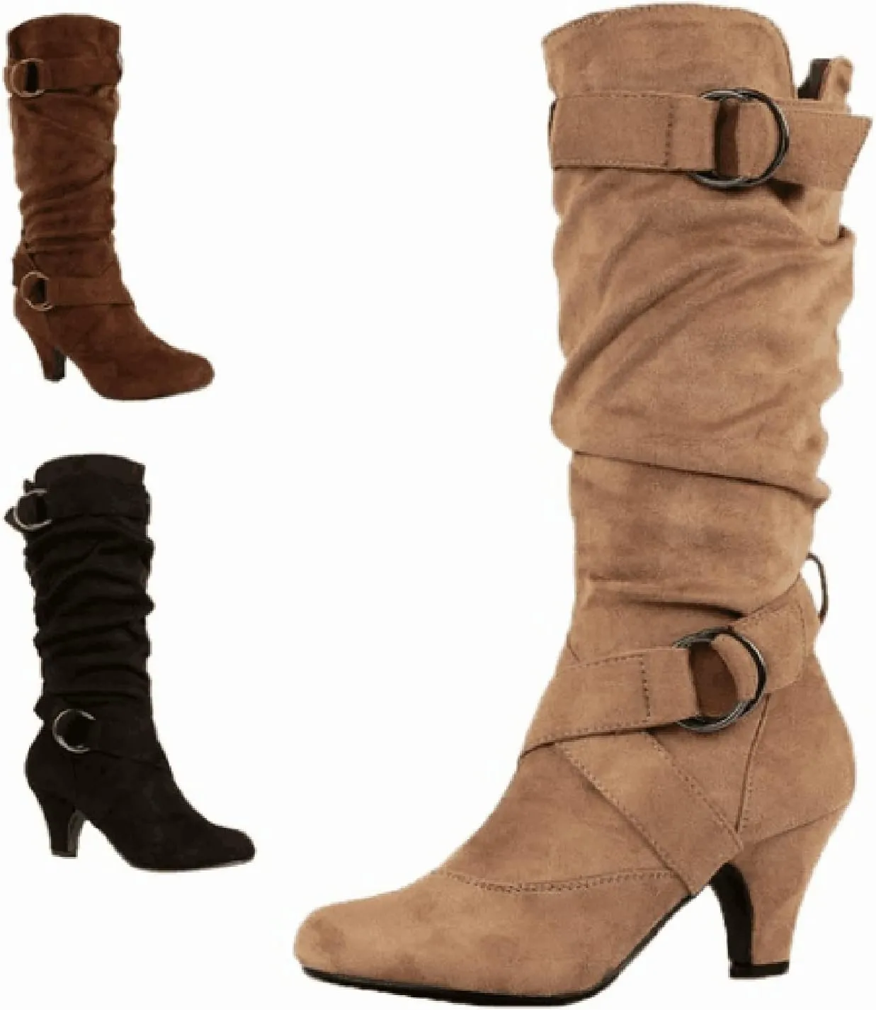 Hiking Boots Women Suede Cross Belt Thigh High Boots Low Heeled Pull On Knee High Boots Mid Calf Bootie