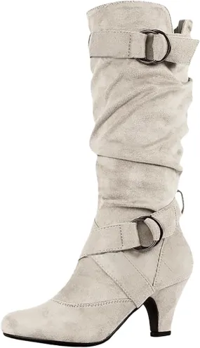 Hiking Boots Women Suede Cross Belt Thigh High Boots Low Heeled Pull On Knee High Boots Mid Calf Bootie