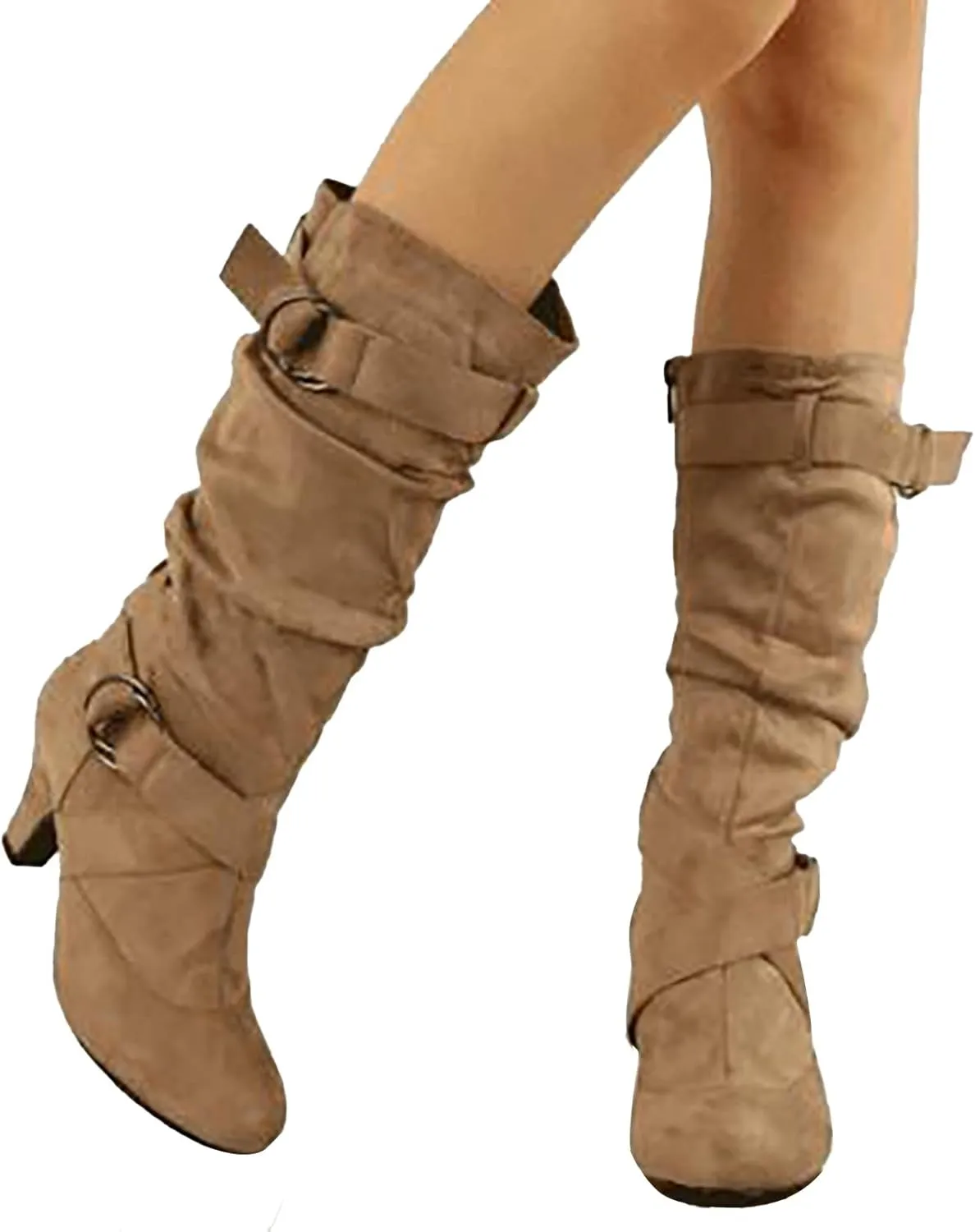 Hiking Boots Women Suede Cross Belt Thigh High Boots Low Heeled Pull On Knee High Boots Mid Calf Bootie