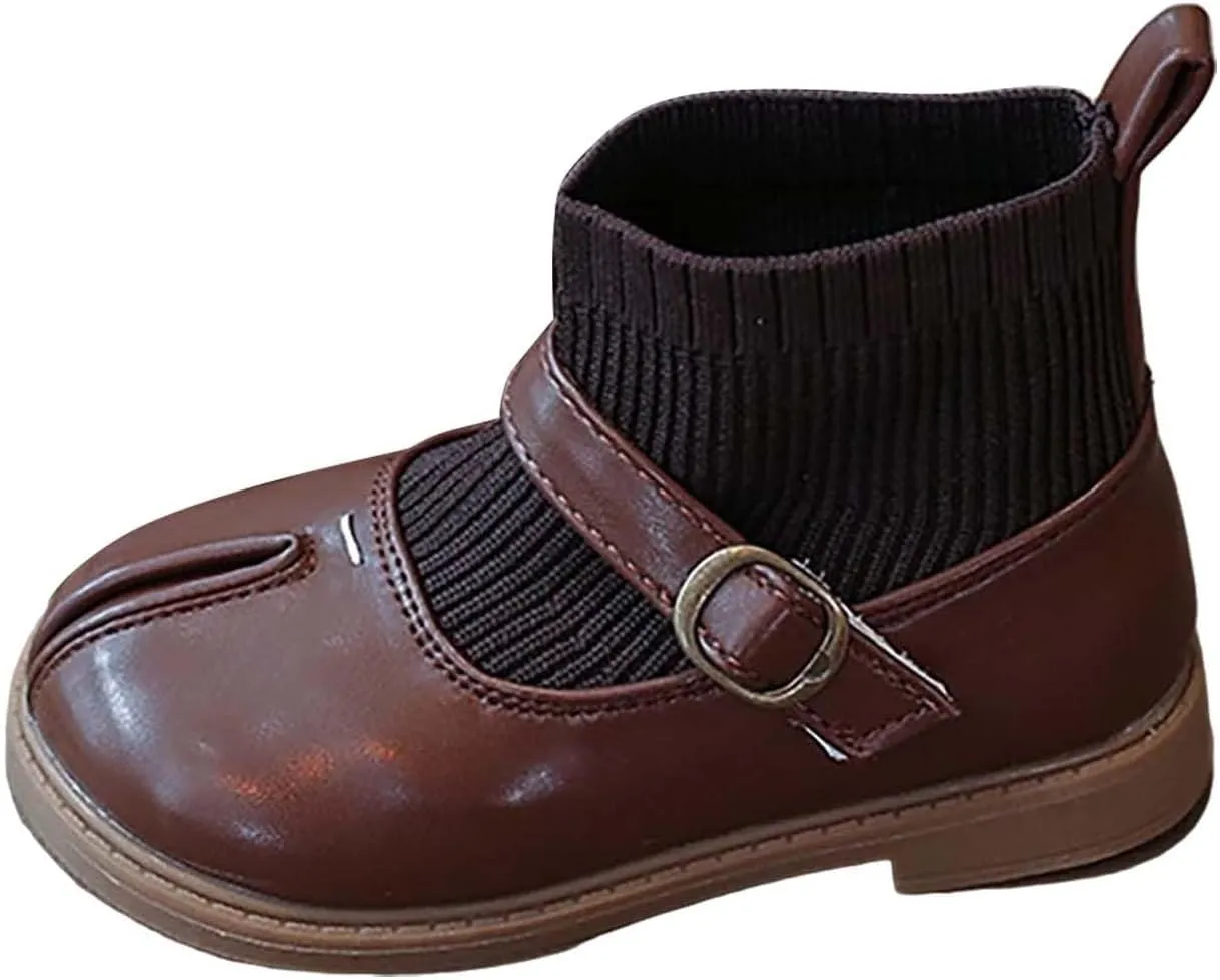 Kids Toddler Girls Mary Jane Buckle Ankle Boots Flat Socks Shoes Fashion Sweet Chunky Leather Berry Easy 21 Girls Boots