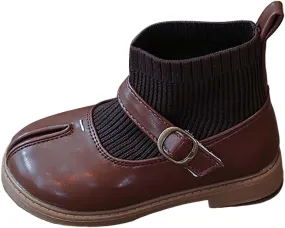 Kids Toddler Girls Mary Jane Buckle Ankle Boots Flat Socks Shoes Fashion Sweet Chunky Leather Berry Easy 21 Girls Boots