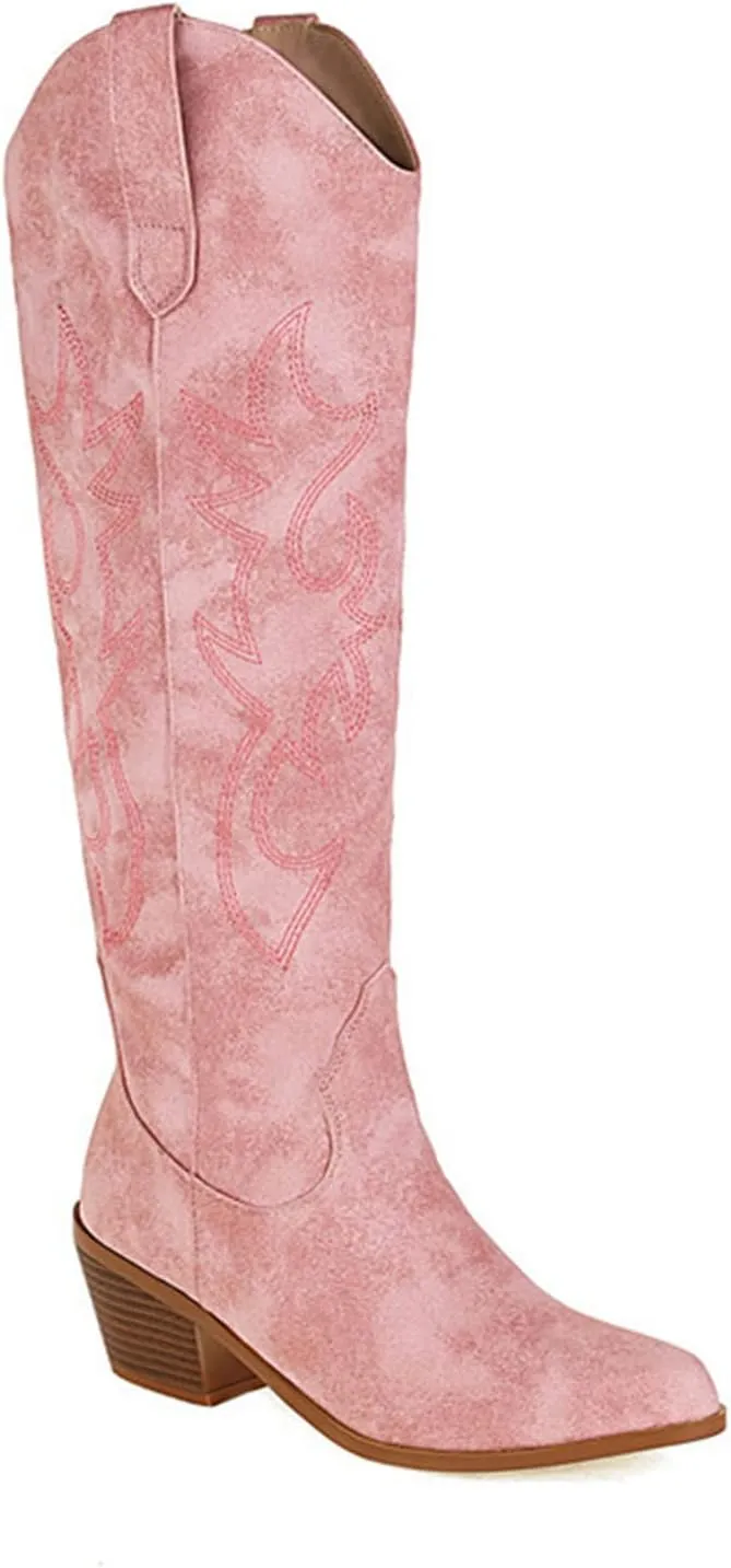 Ladmiple Cowboy Boots For Women Mid Calf Wide Width Embroidered Fashion Western Pointed Toe Knee High Cowgirl Boots