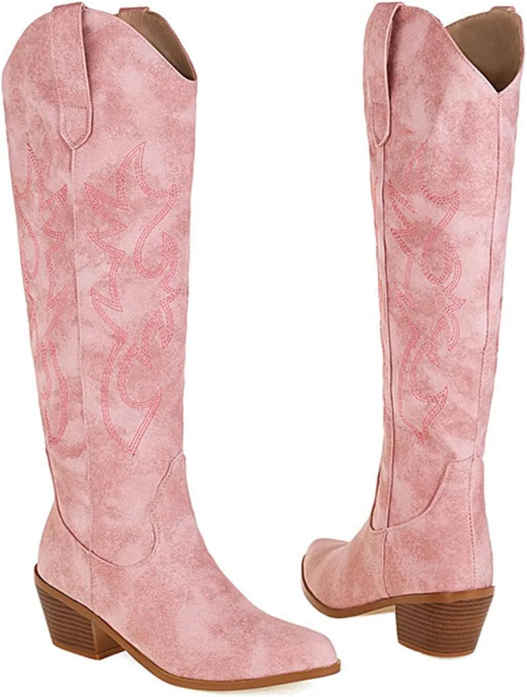 Ladmiple Cowboy Boots For Women Mid Calf Wide Width Embroidered Fashion Western Pointed Toe Knee High Cowgirl Boots