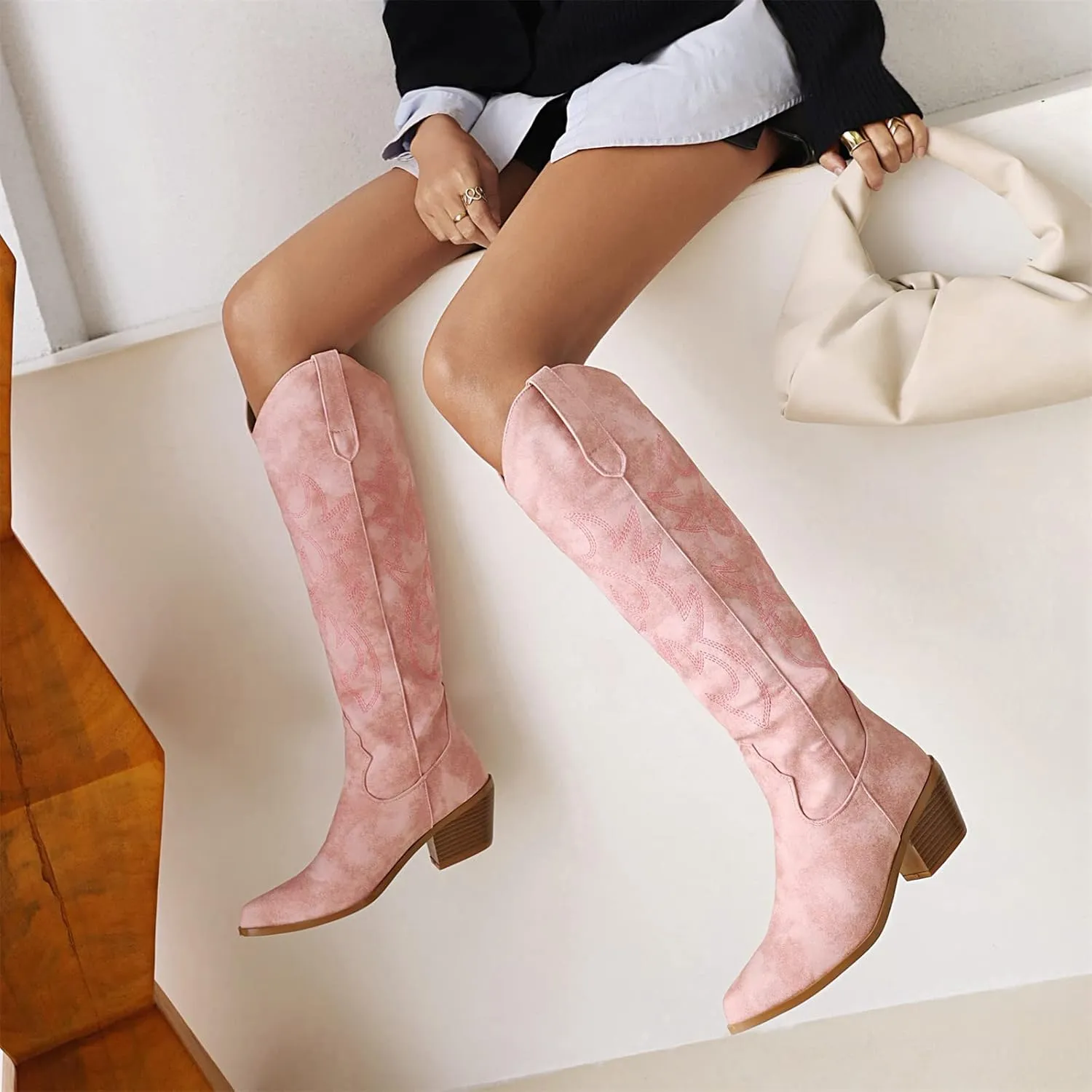 Ladmiple Cowboy Boots For Women Mid Calf Wide Width Embroidered Fashion Western Pointed Toe Knee High Cowgirl Boots