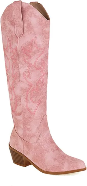 Ladmiple Cowboy Boots For Women Mid Calf Wide Width Embroidered Fashion Western Pointed Toe Knee High Cowgirl Boots