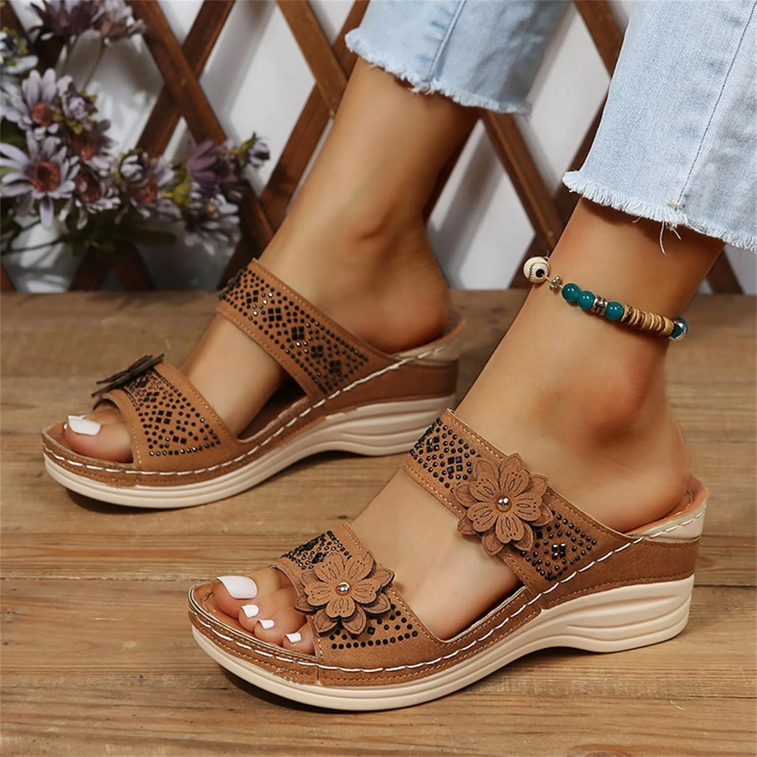 Lausiuoe Orthopedic Sandals For Women Arch Support Sandals Wedge Heel Slip On Summer Shoes Dressy Orthotic Slides Flip Flops