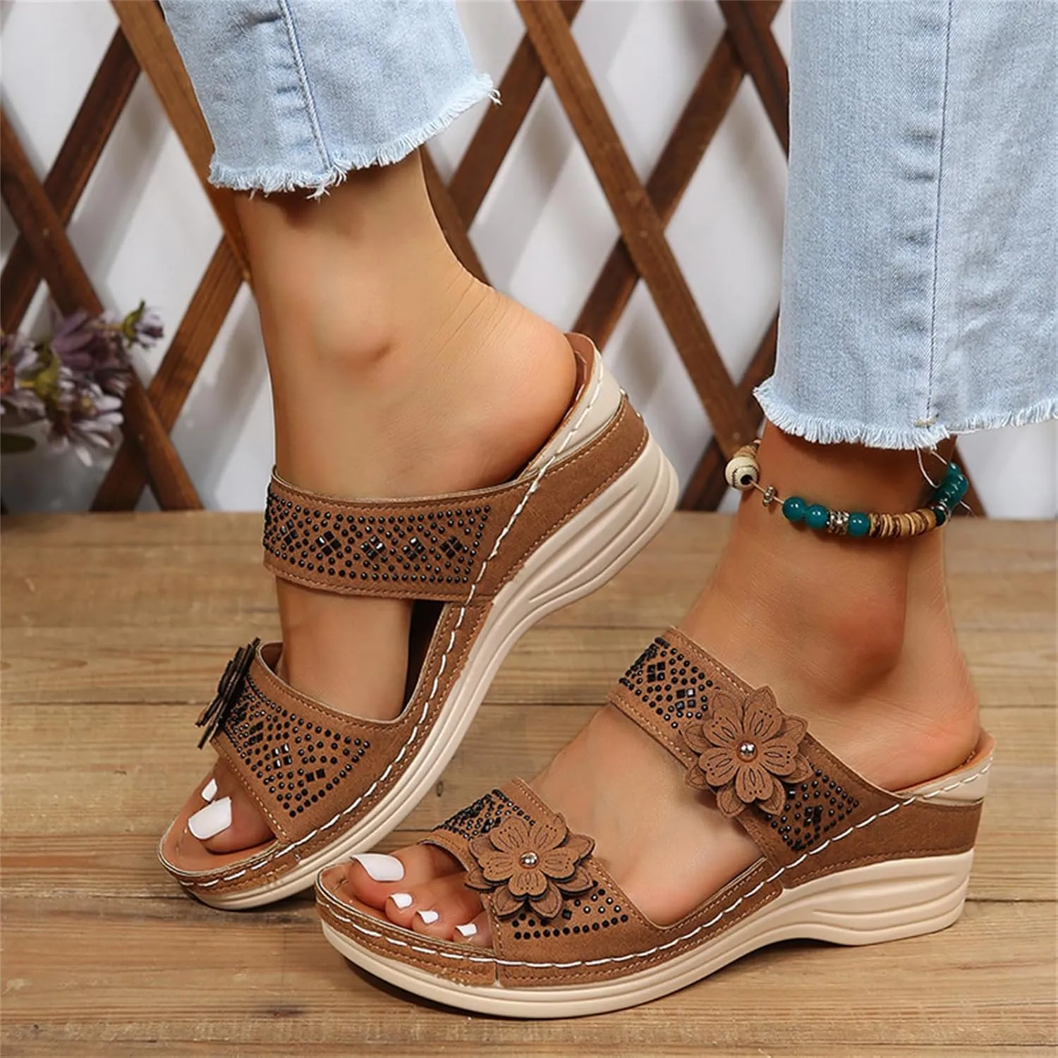 Lausiuoe Orthopedic Sandals For Women Arch Support Sandals Wedge Heel Slip On Summer Shoes Dressy Orthotic Slides Flip Flops