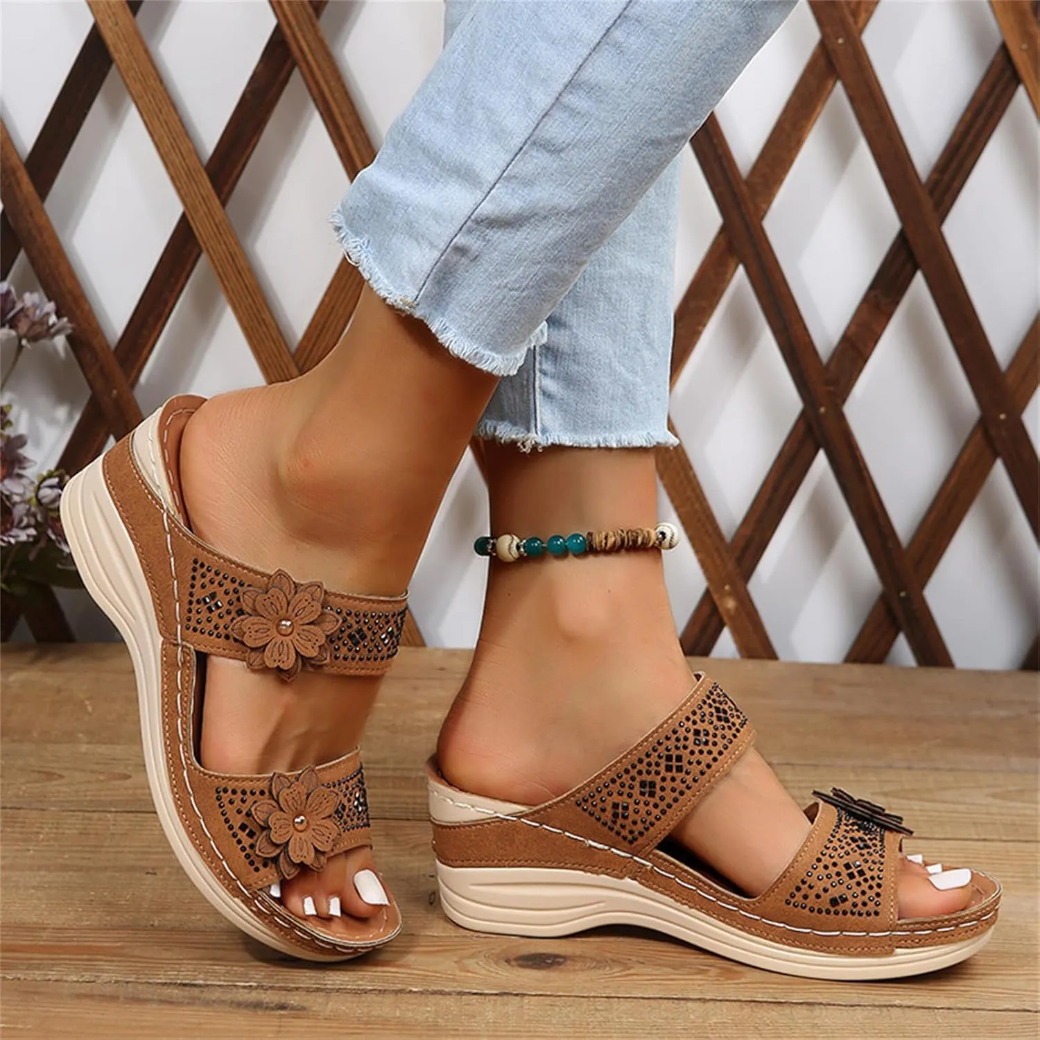 Lausiuoe Orthopedic Sandals For Women Arch Support Sandals Wedge Heel Slip On Summer Shoes Dressy Orthotic Slides Flip Flops