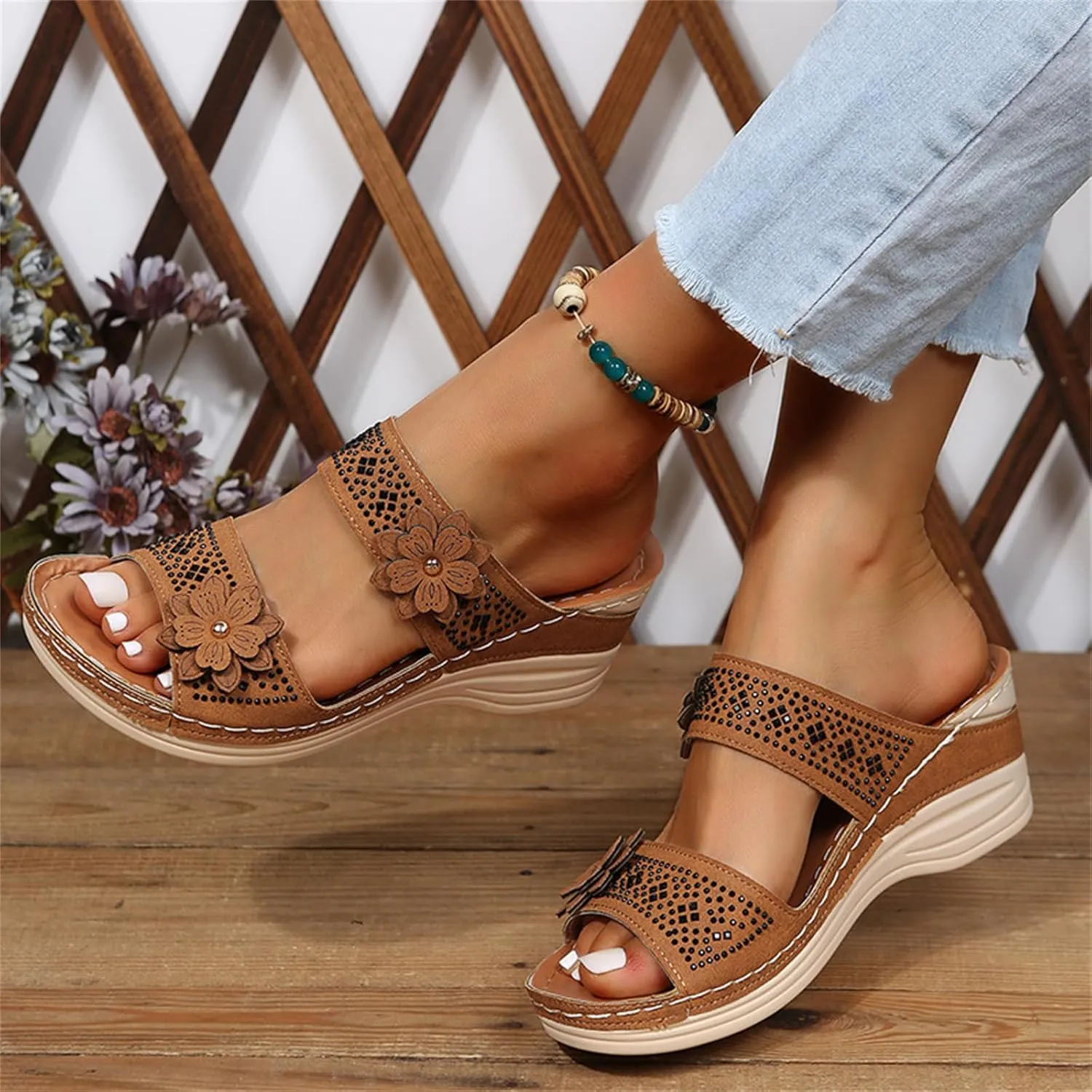 Lausiuoe Orthopedic Sandals For Women Arch Support Sandals Wedge Heel Slip On Summer Shoes Dressy Orthotic Slides Flip Flops