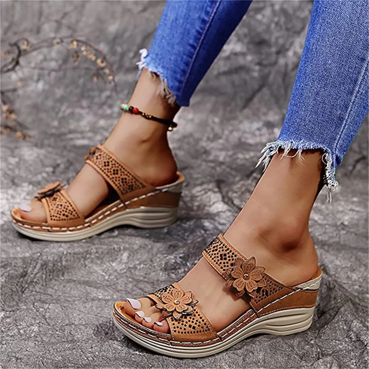 Lausiuoe Orthopedic Sandals For Women Arch Support Sandals Wedge Heel Slip On Summer Shoes Dressy Orthotic Slides Flip Flops