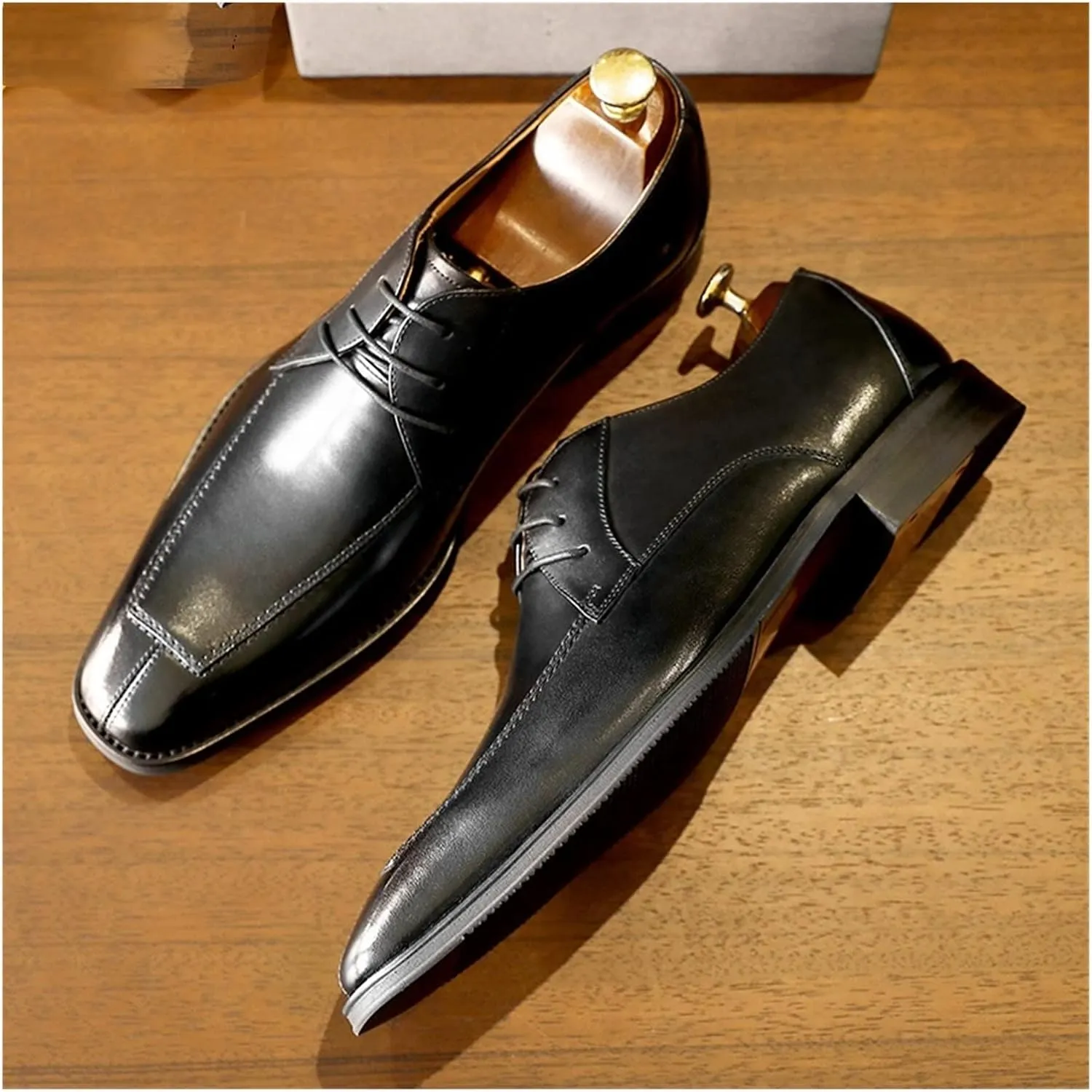 LAZIRO Business Leather Shoes Men's Square Head British lace-up Breathable Men's Derby Business Men's Shoes