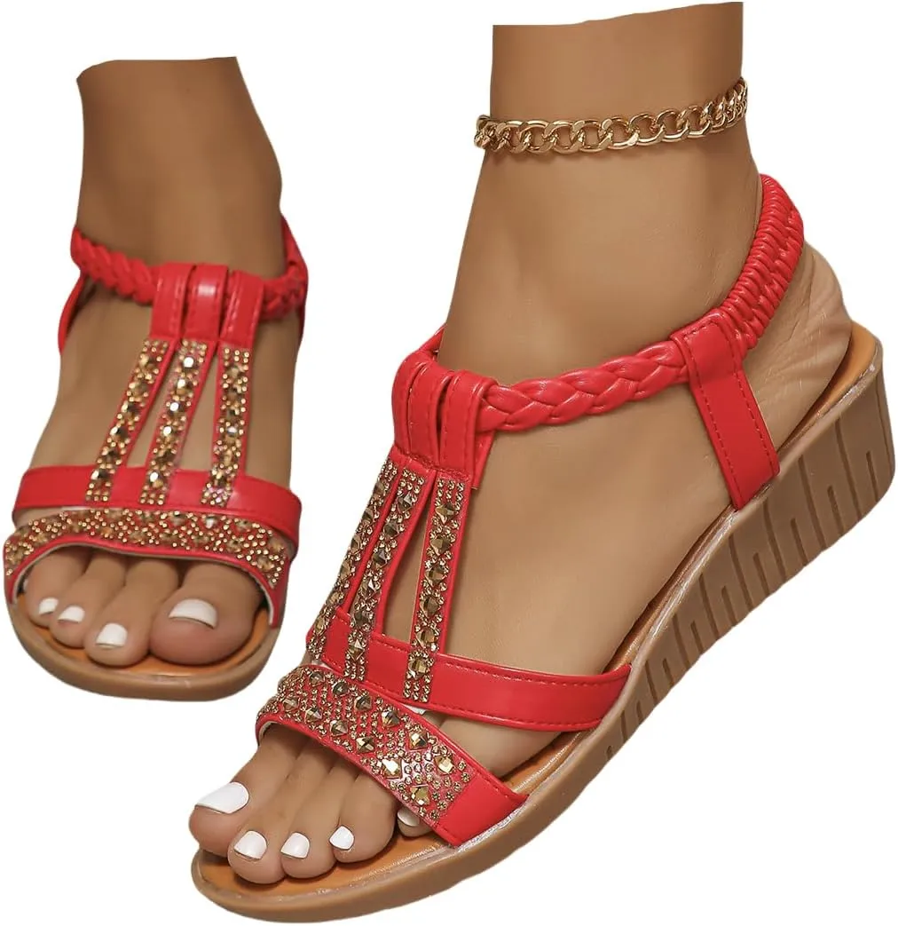 Low Wedge Sandals for Women Bohemia Beach Shoes Elastic Ankle Strap with Arch Support Slip On Open Toe Rhinestone Summer Comfortable Shoe