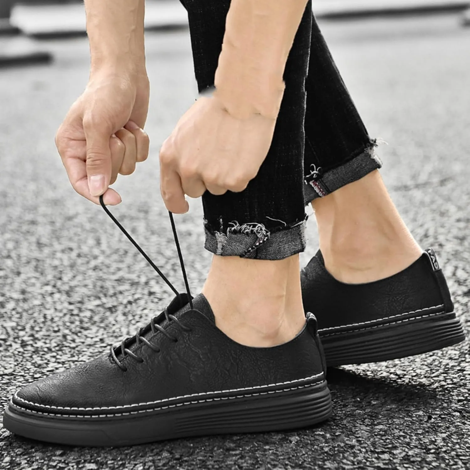 Men's Genuine Leather Perforated Lace - up Casual Oxford Dress Sneakers
