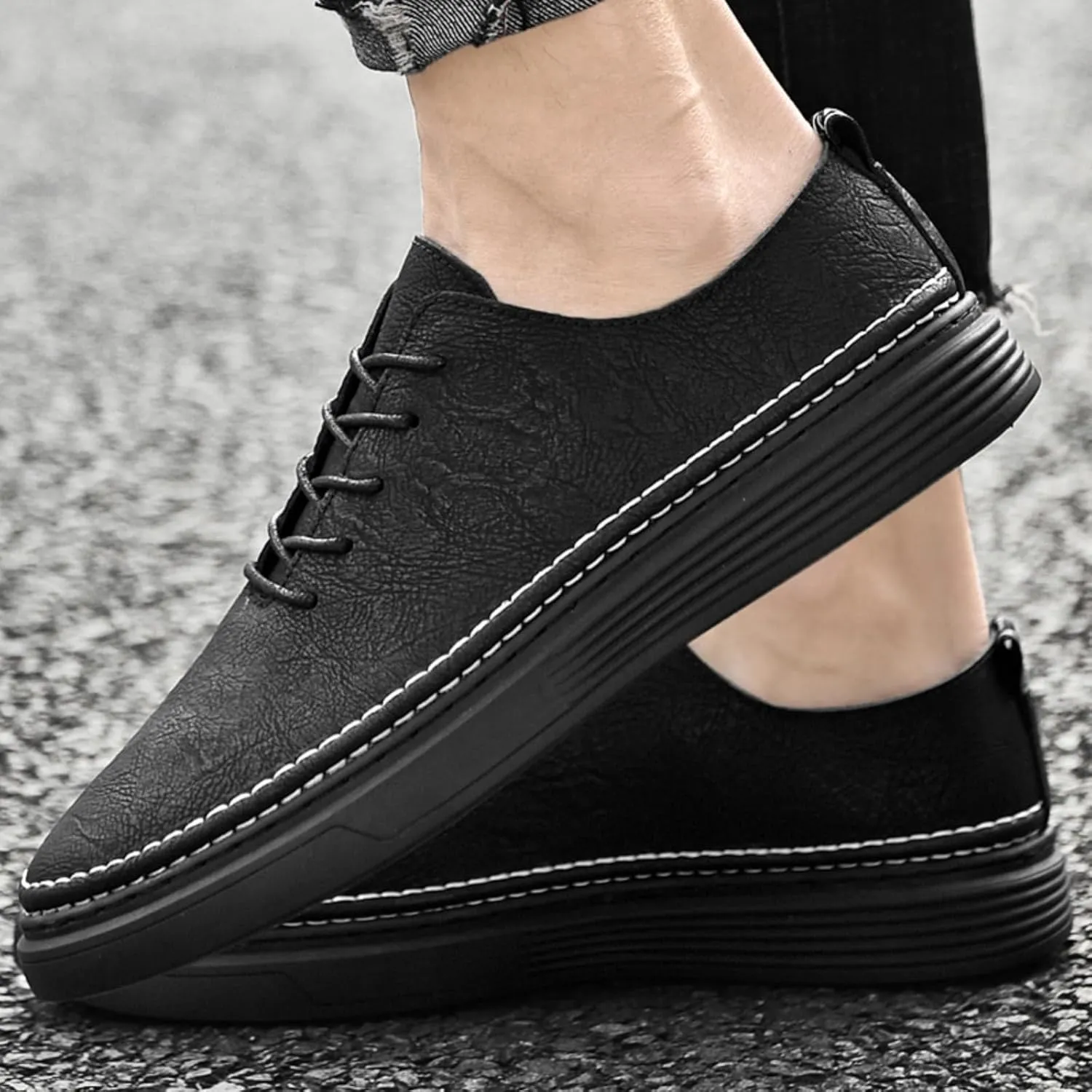 Men's Genuine Leather Perforated Lace - up Casual Oxford Dress Sneakers