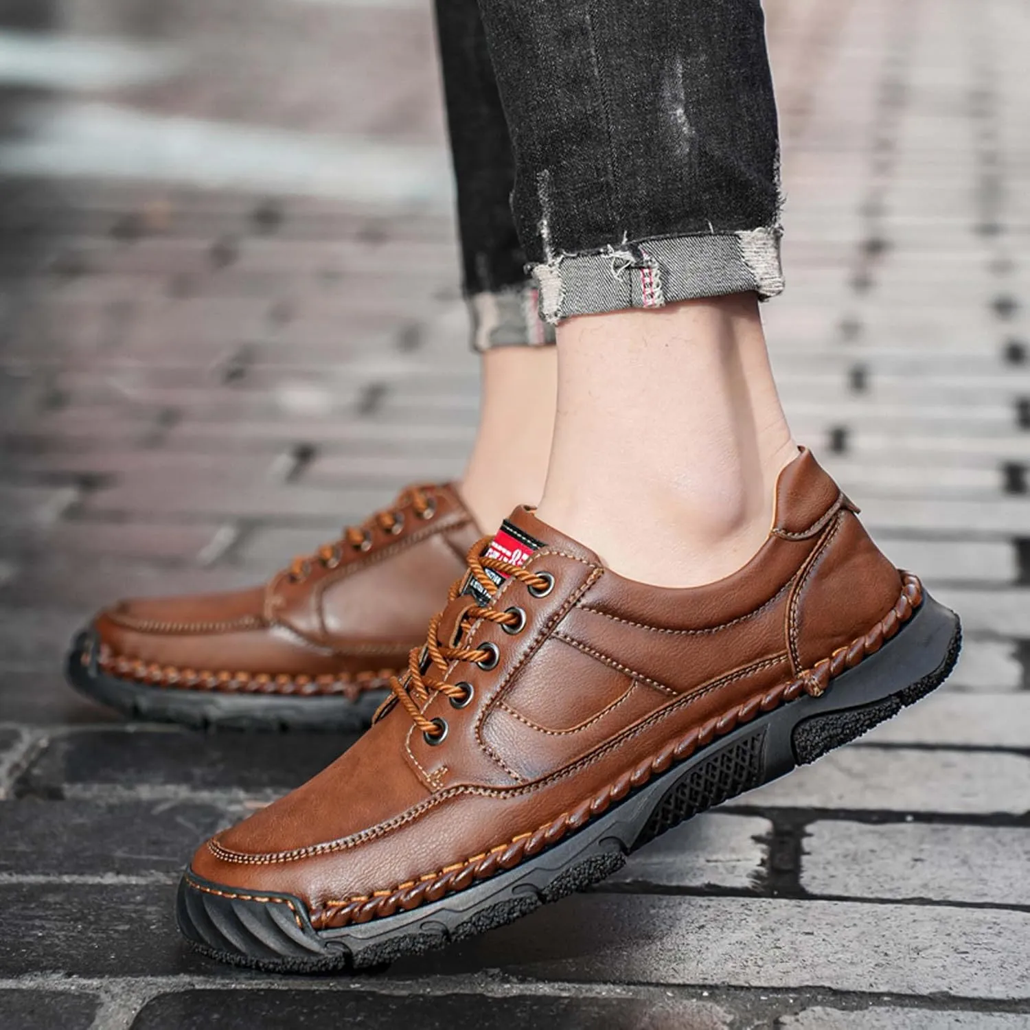 Men's Premium Leather Casual Sneakers,Casual Leather Shoes,Hand Sewn,Toe Protection,Walking Shoes,Driving Shoes,Outdoor Sneakers,Comfortable,Soft,Non-Slip