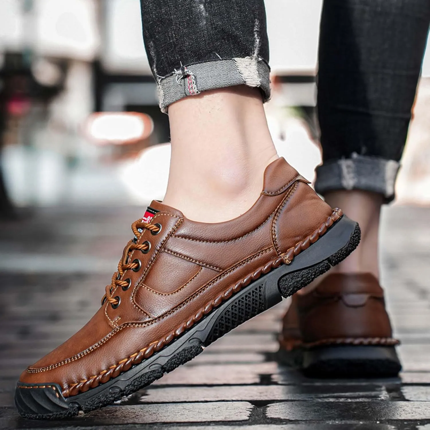 Men's Premium Leather Casual Sneakers,Casual Leather Shoes,Hand Sewn,Toe Protection,Walking Shoes,Driving Shoes,Outdoor Sneakers,Comfortable,Soft,Non-Slip