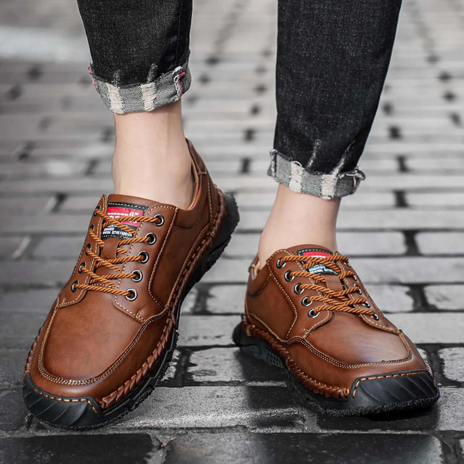 Men's Premium Leather Casual Sneakers,Casual Leather Shoes,Hand Sewn,Toe Protection,Walking Shoes,Driving Shoes,Outdoor Sneakers,Comfortable,Soft,Non-Slip