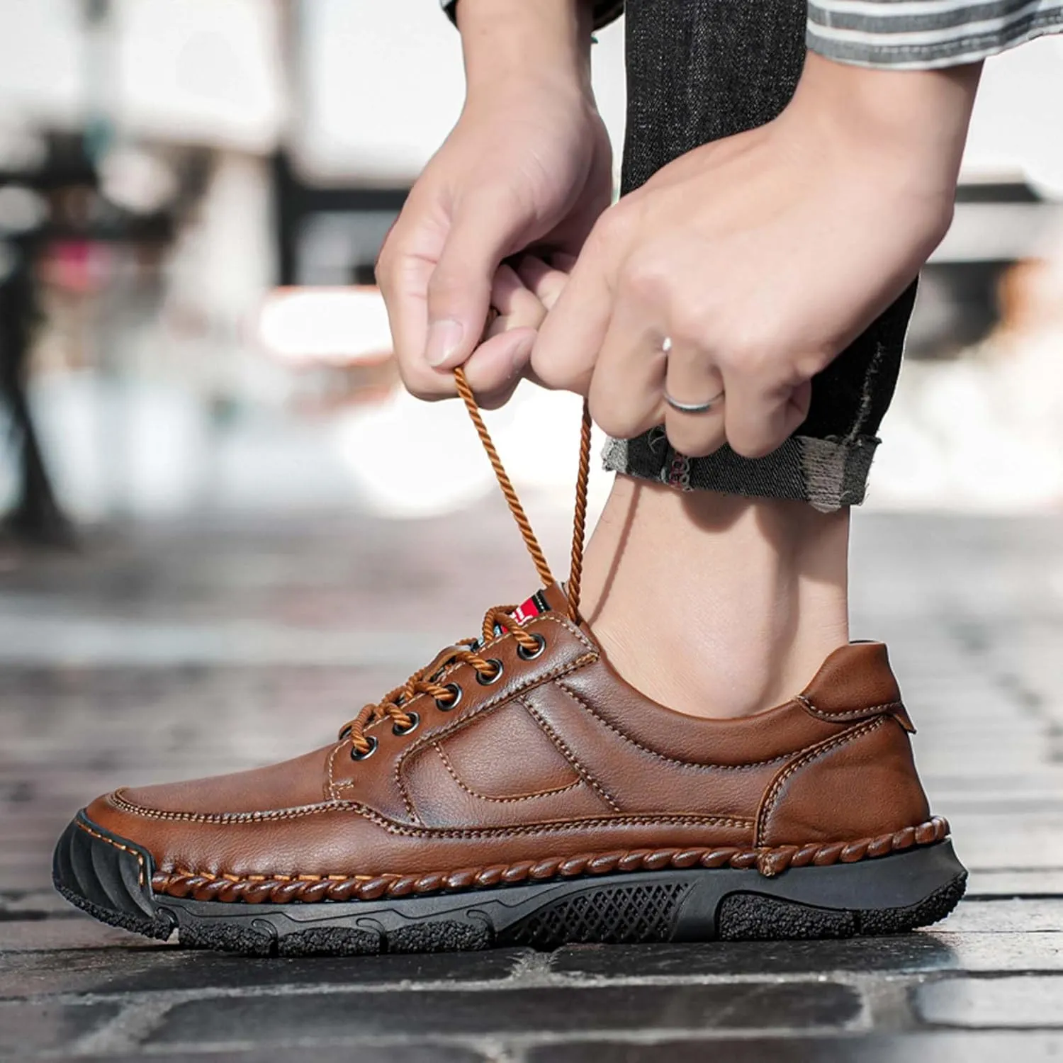Men's Premium Leather Casual Sneakers,Casual Leather Shoes,Hand Sewn,Toe Protection,Walking Shoes,Driving Shoes,Outdoor Sneakers,Comfortable,Soft,Non-Slip