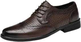 New Men's Brogue Leather Shoes Men Pointed Toe Genuine Leather Dress Shoes Summer Breathable Comfortable Loafers Shoes Trendy Lace-up Soft Sole Bean Shoes