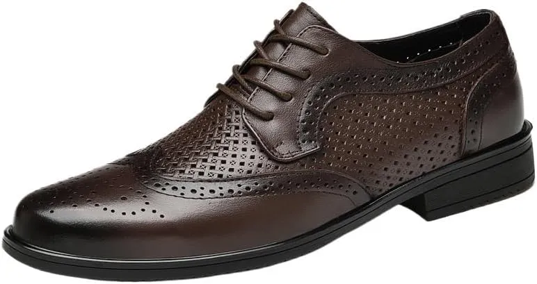 New Men's Brogue Leather Shoes Men Pointed Toe Genuine Leather Dress Shoes Summer Breathable Comfortable Loafers Shoes Trendy Lace-up Soft Sole Bean Shoes