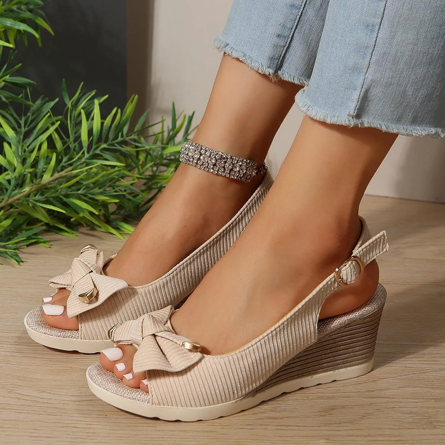 Orthopedic Sandals for Women Summer Dressy 2025,Women Walking Slippers with Arch Support Platform Wedge Sandals Comfortable Open Toe Ankle Strap Boho Beach Casual Slip Wedges Sandals (5-Beige, 7.5)