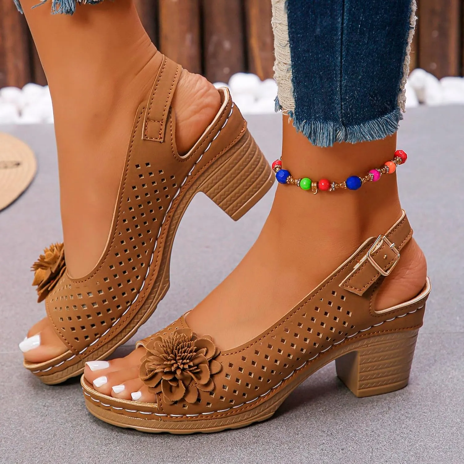 Peep Toe Wedges Heels for Women Leathers Low Heels Sandals Hollow Out Open Toe Breathable Shoes Slingback Casual Beach Shoes