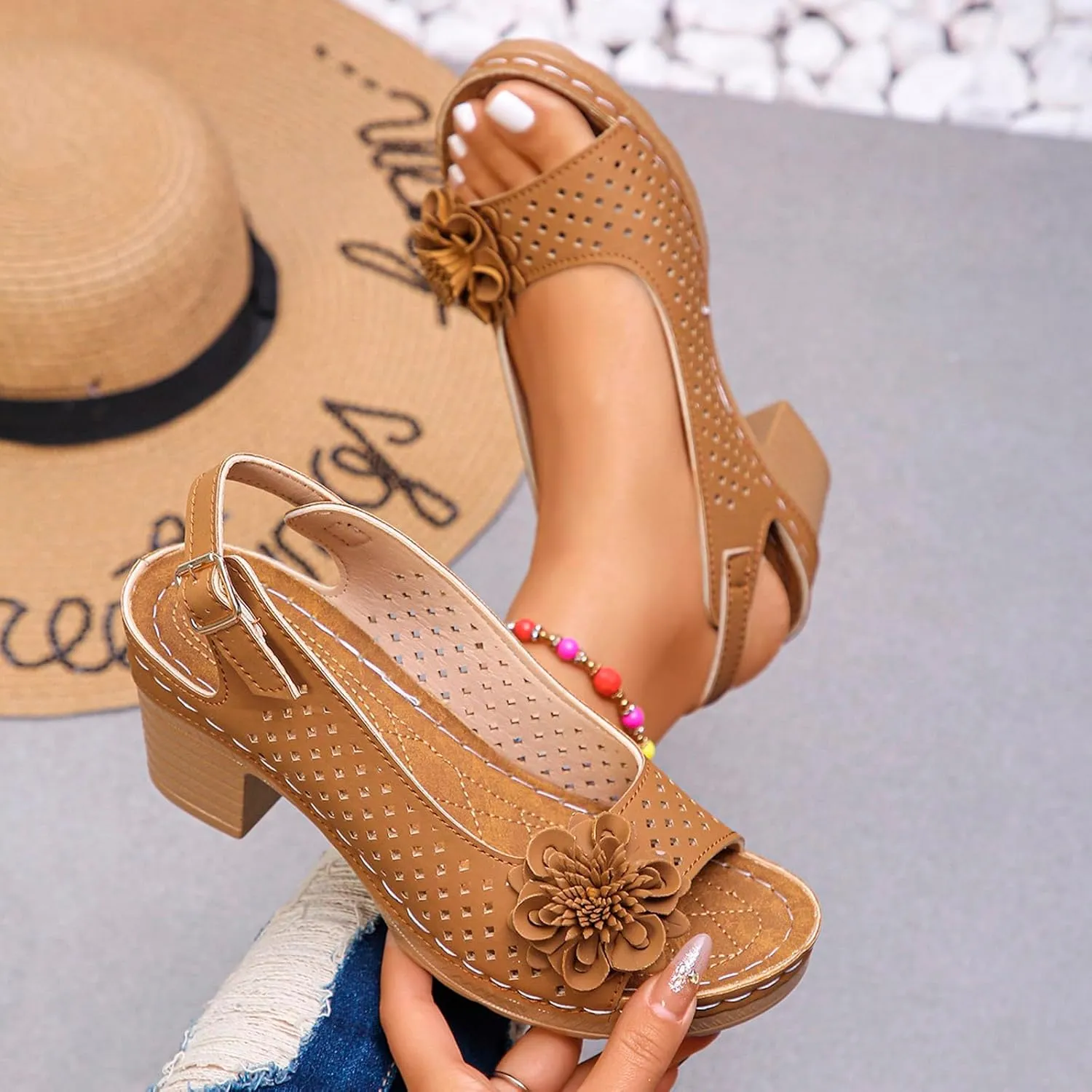 Peep Toe Wedges Heels for Women Leathers Low Heels Sandals Hollow Out Open Toe Breathable Shoes Slingback Casual Beach Shoes