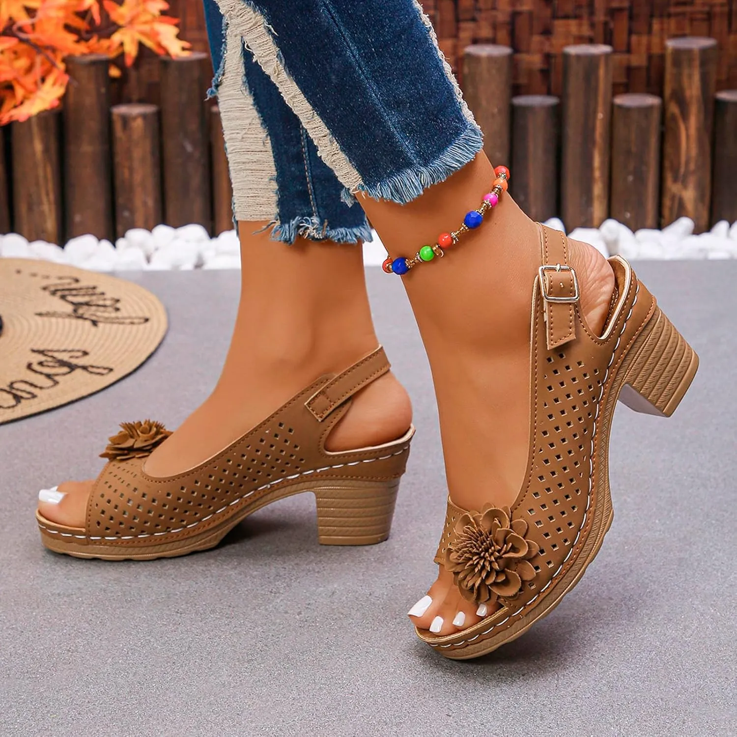 Peep Toe Wedges Heels for Women Leathers Low Heels Sandals Hollow Out Open Toe Breathable Shoes Slingback Casual Beach Shoes