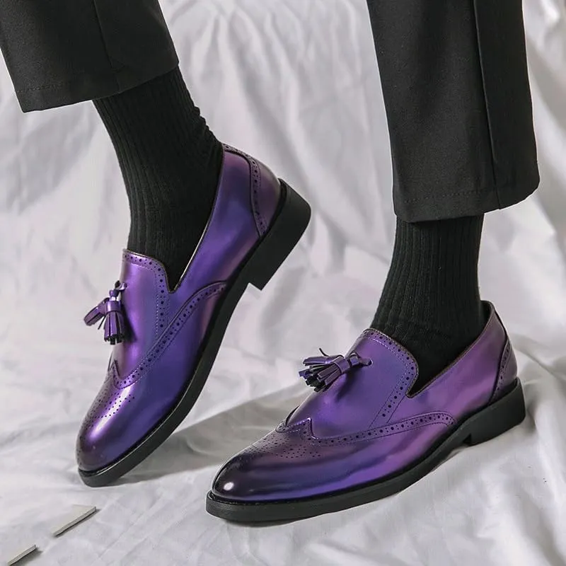 Purple Men Leather Oxfords with Tassel Slip on Mens Shoes Casual Loafers Mens Formal Dress Shoes Leather Shoes for Men