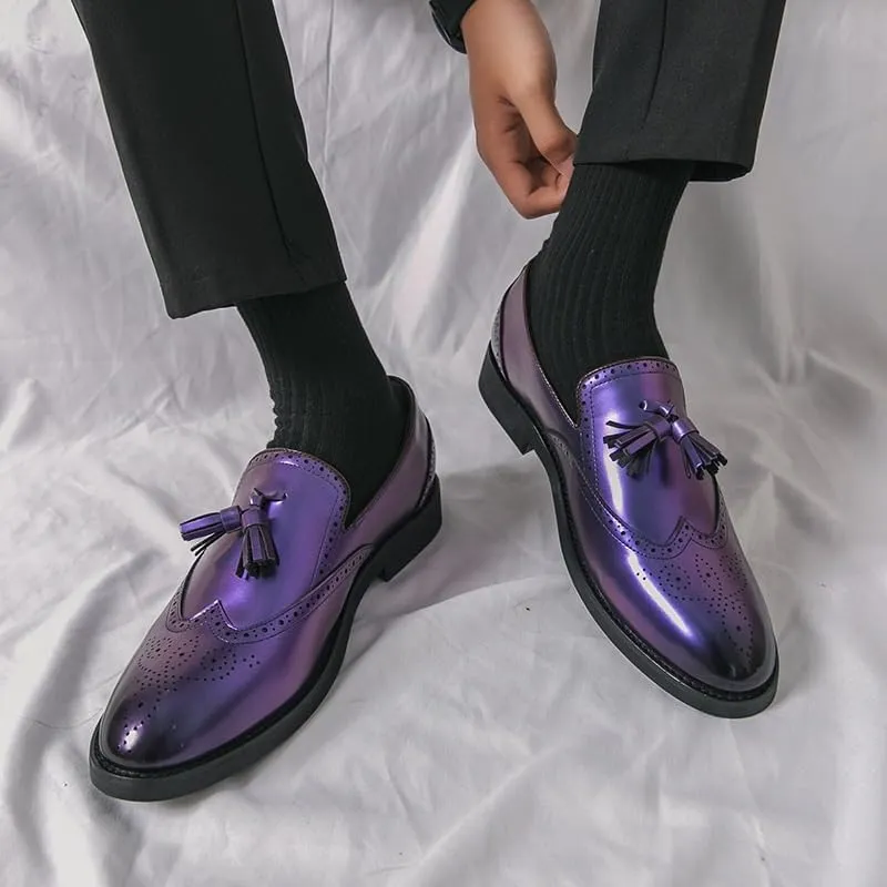 Purple Men Leather Oxfords with Tassel Slip on Mens Shoes Casual Loafers Mens Formal Dress Shoes Leather Shoes for Men