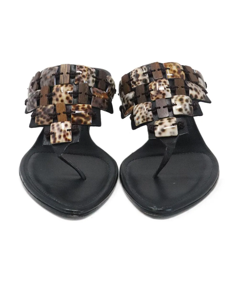 Sergio Rossi Black Leather & Brown Shell Sandals sz 10