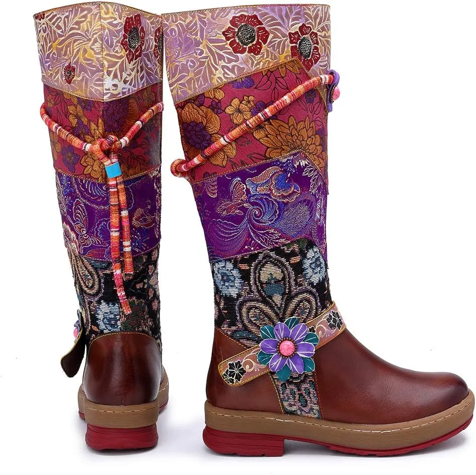 Socofy Womens Leather Knee Long Block Heels Boots, Vintage Long Boots Handmade Bohemian Boots Fur Lined Winter Snow Boots Cowgirls Wide Calf Splicing Pattern Anti Slip Walking Boots for Party Wedding