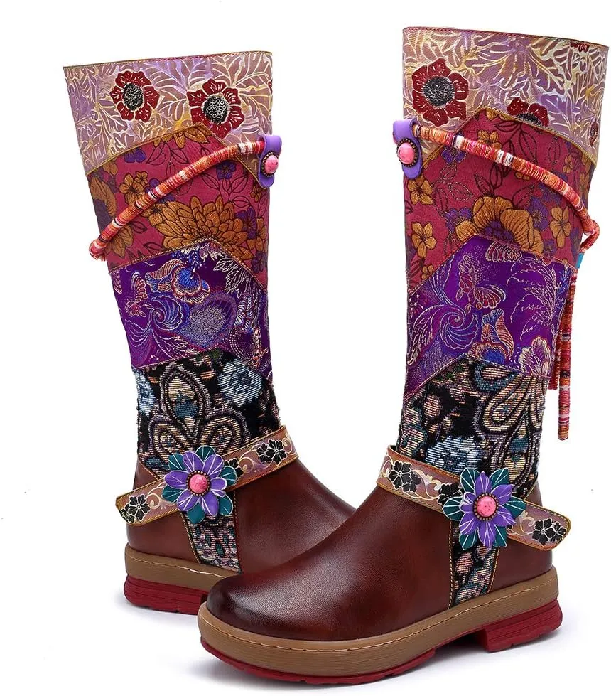 Socofy Womens Leather Knee Long Block Heels Boots, Vintage Long Boots Handmade Bohemian Boots Fur Lined Winter Snow Boots Cowgirls Wide Calf Splicing Pattern Anti Slip Walking Boots for Party Wedding
