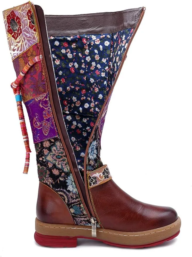 Socofy Womens Leather Knee Long Block Heels Boots, Vintage Long Boots Handmade Bohemian Boots Fur Lined Winter Snow Boots Cowgirls Wide Calf Splicing Pattern Anti Slip Walking Boots for Party Wedding