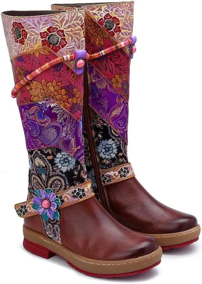 Socofy Womens Leather Knee Long Block Heels Boots, Vintage Long Boots Handmade Bohemian Boots Fur Lined Winter Snow Boots Cowgirls Wide Calf Splicing Pattern Anti Slip Walking Boots for Party Wedding